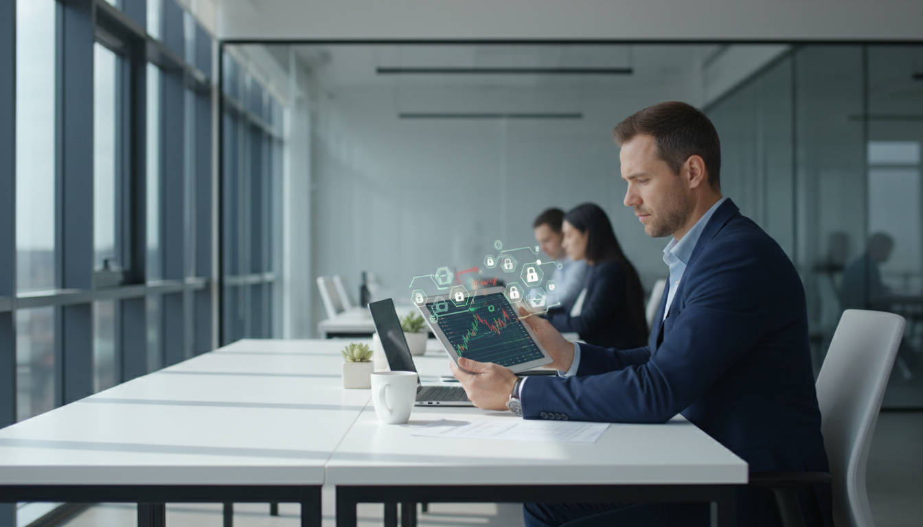 Ekspert analizujący dane na tablecie w nowoczesnym biurze