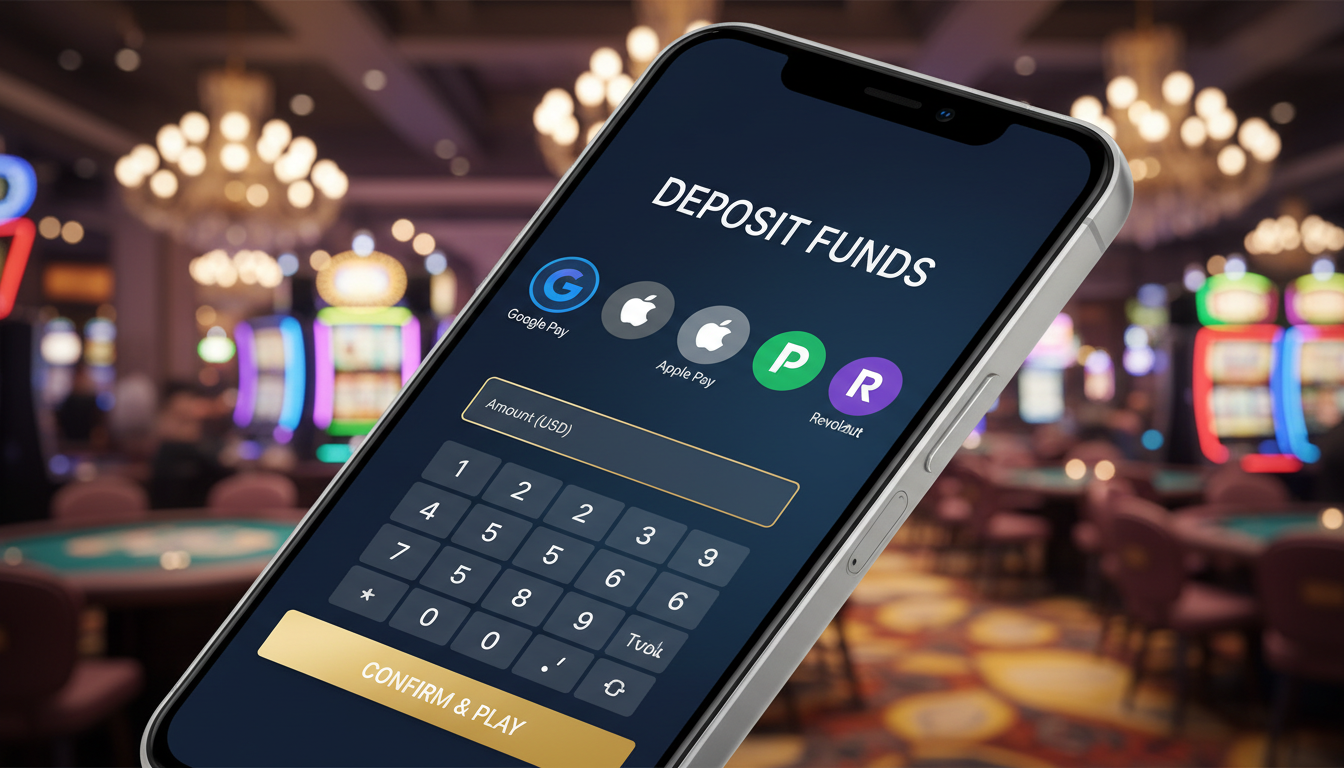 Smartfon z aplikacją kasynową wyświetlający logotypy płatności mobilnych