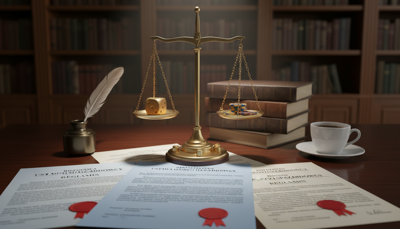 Budynek sądu i waga sprawiedliwości symbolizująca prawo hazardowe