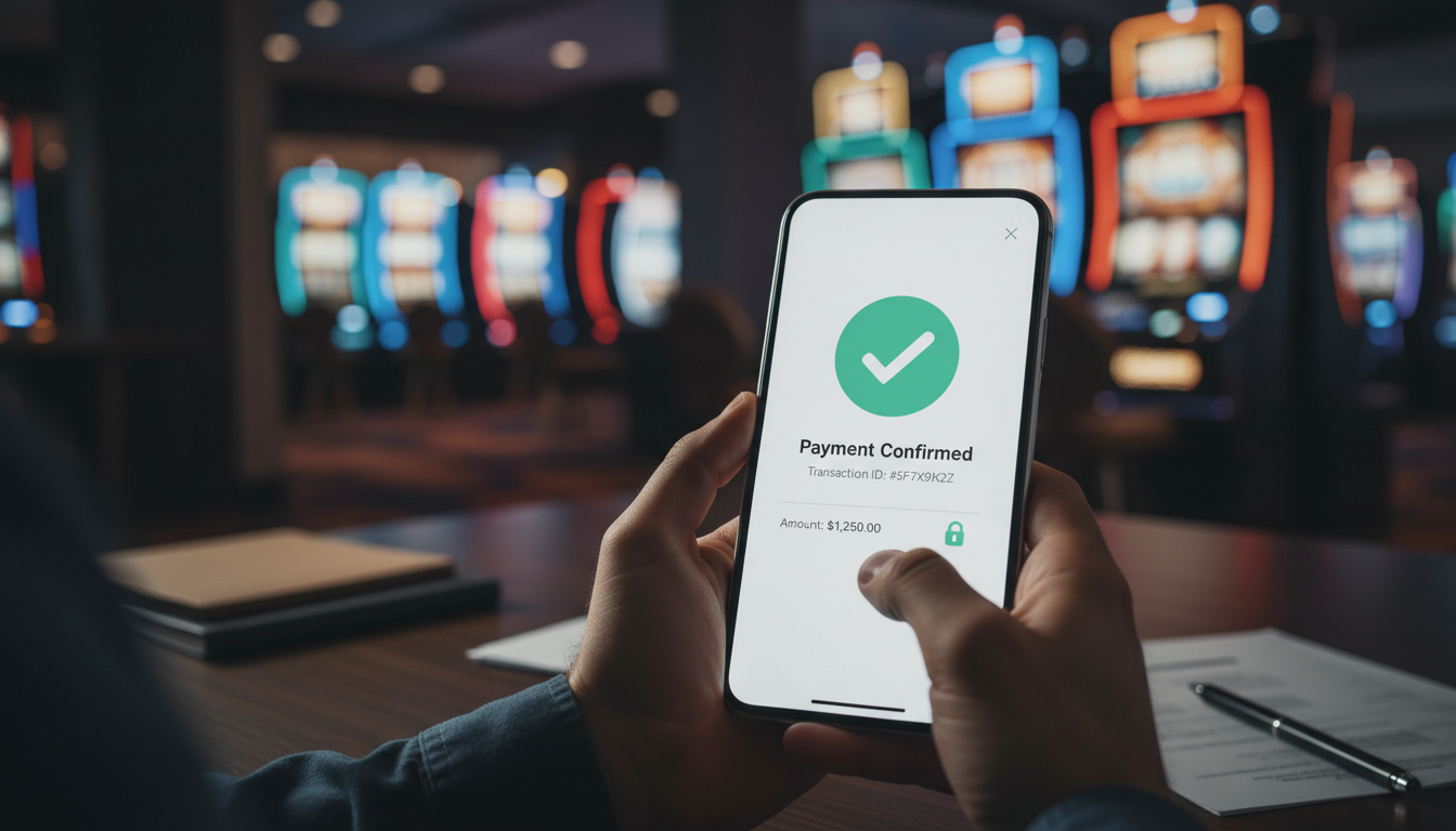 Smartphone with payment confirmation app and casino logos