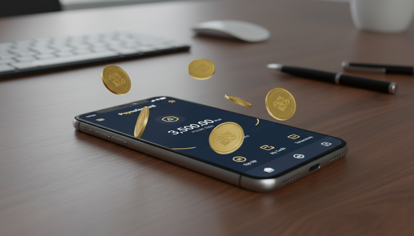 Smartphone with Paysafecard logo and digital coins