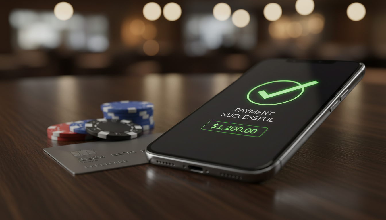 Smartfon z aplikacją finansową i żetony kasynowe na stole